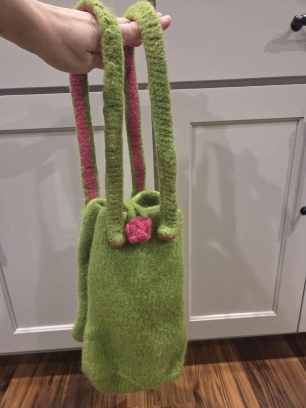 Handmade Felted Wool Tote Lime Green & Pink Parallel Straps Toggle Closure